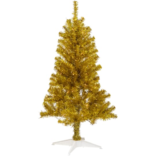 4ft. Pre-Lit Gold Iridescent Tinsel Slim Artificial Christmas Tree, Clear Lights